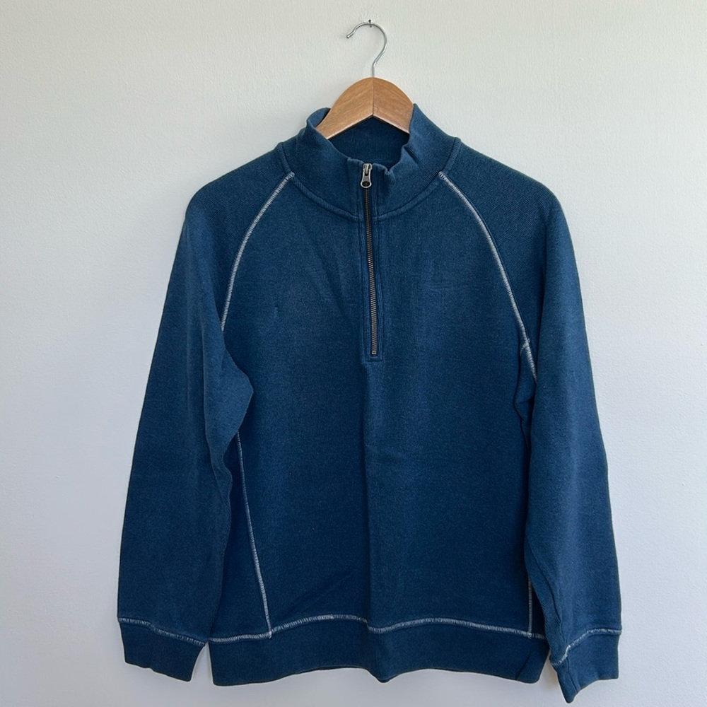 LL Bean Cotton Sweater Pullover 1/4 Zip Traditional Fit Blue Size Medium EUC